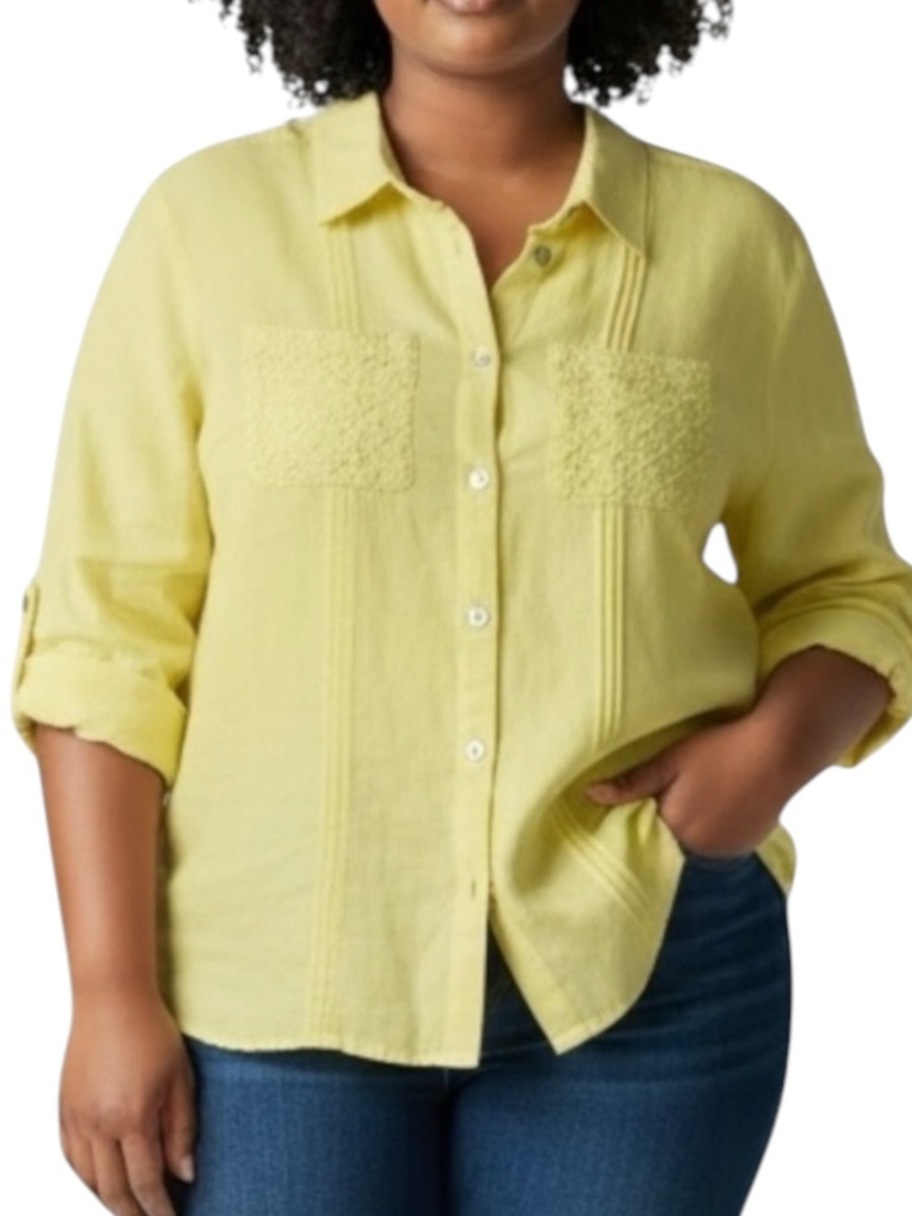 SOFT SURROUNDINGS Button-Up Iris Linen Blend Shirt in Surf Spray Yellow Size M